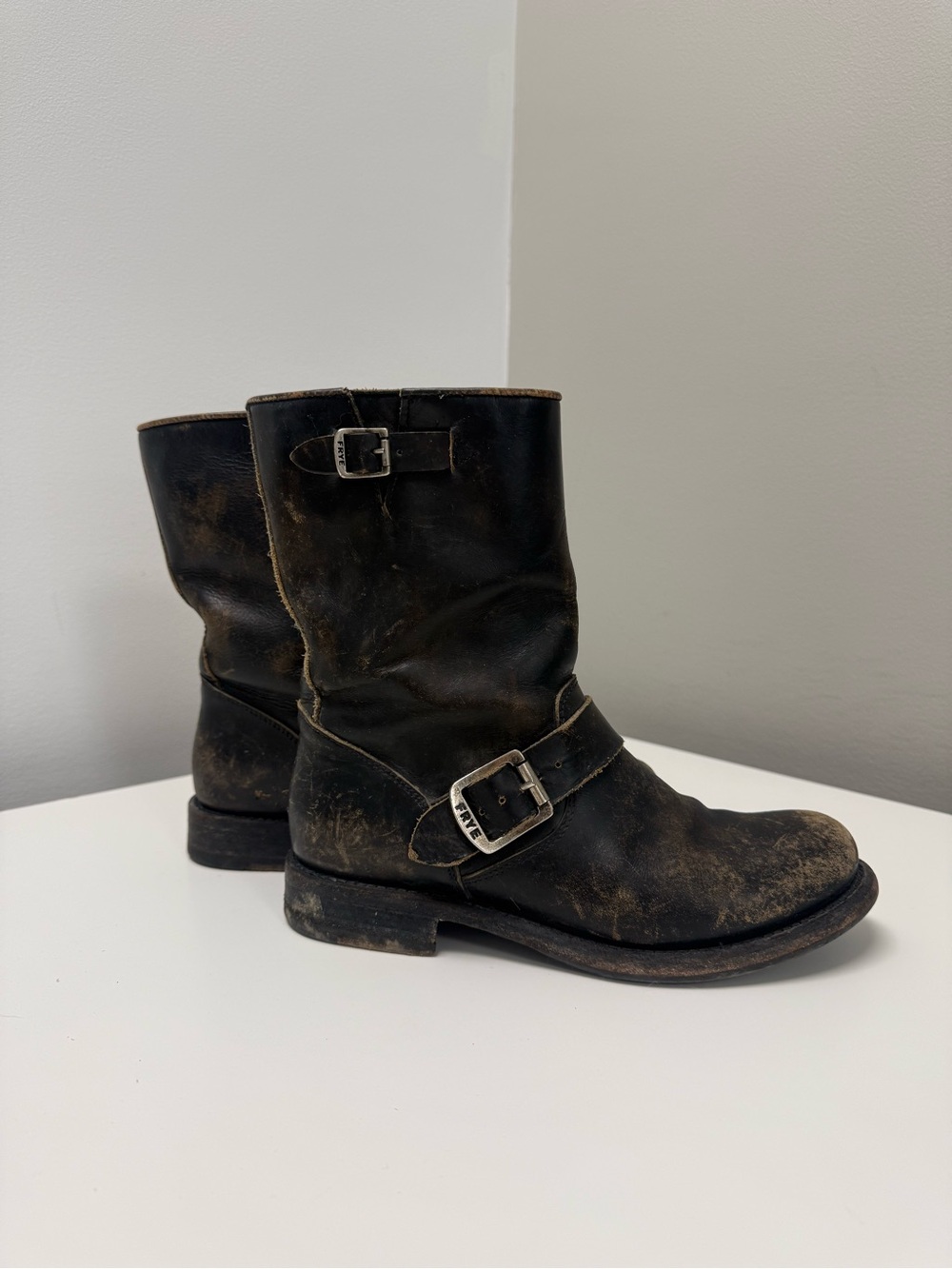 Frye Black Leather Engineer Boots with Silver Buckles